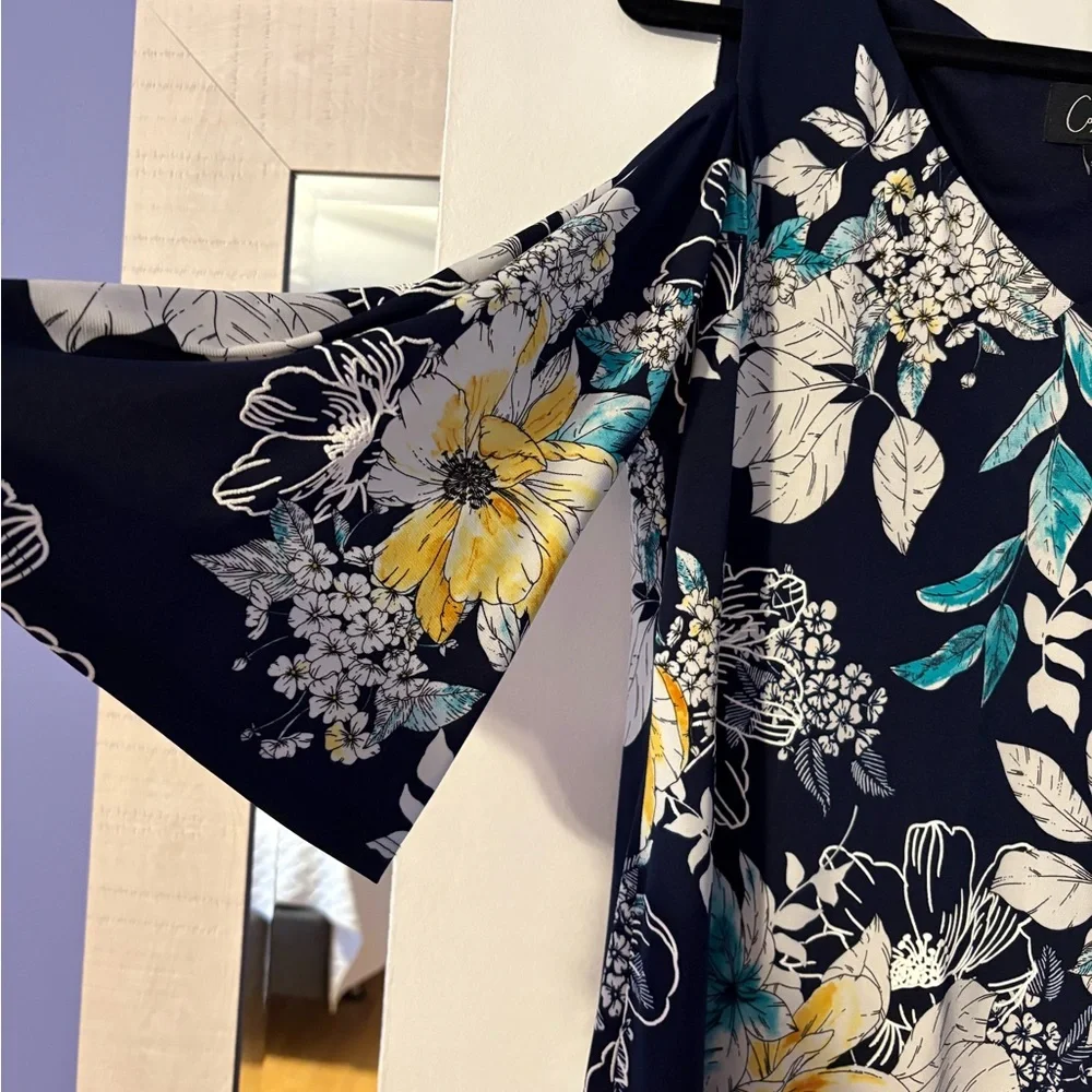 Connected Apparel Floral Asymmetrical Dress in Yellow and Teal - Picture 4 of 4